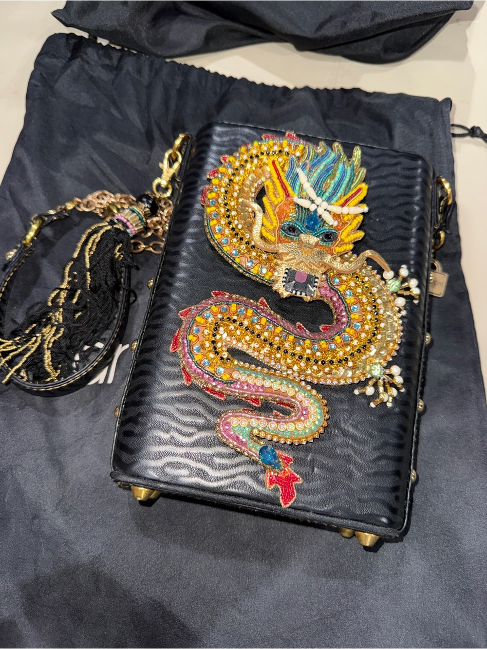Mary Frances Black Embellished Dragon Crossbody with Multicolor Beading